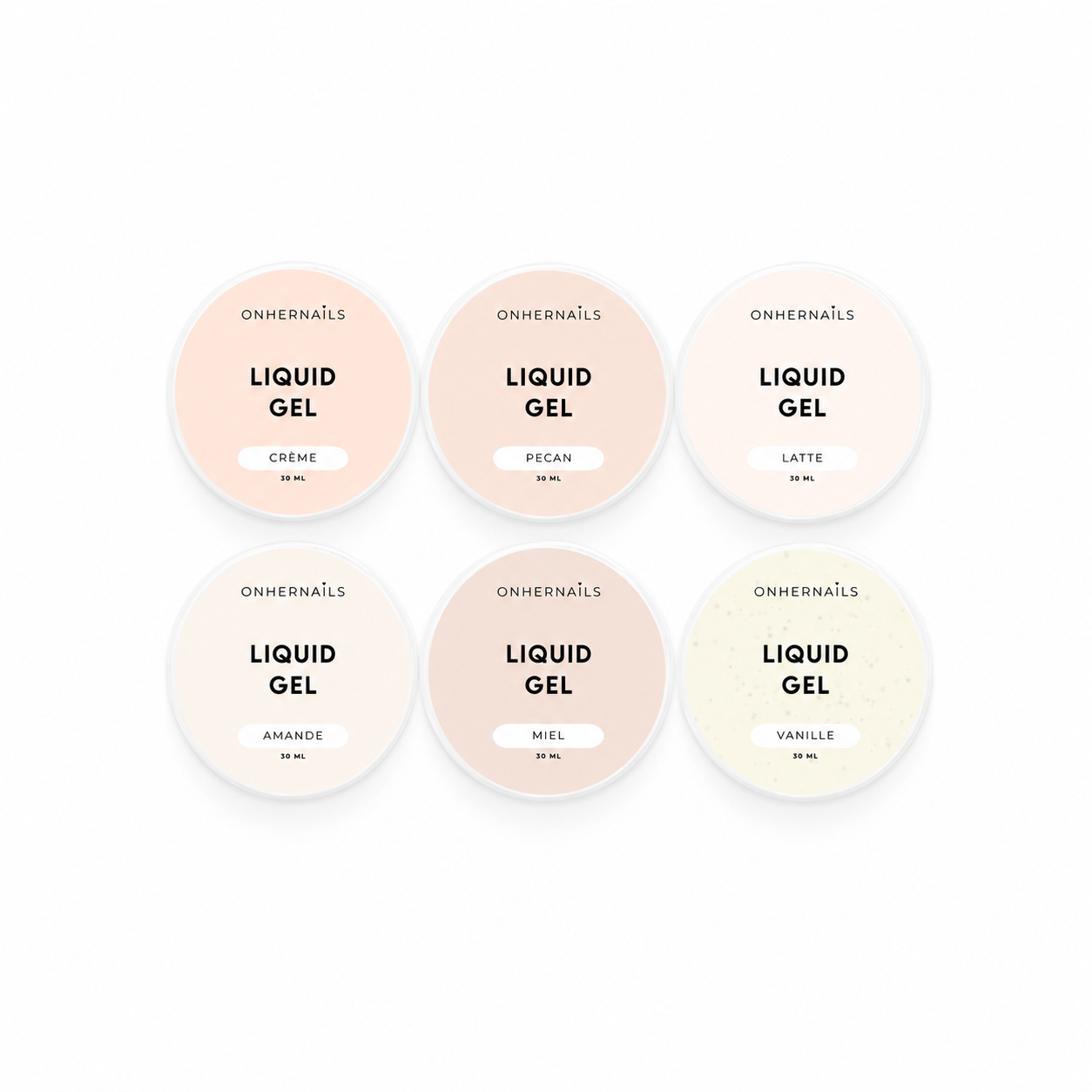 ONHERNAILS - 6 LIQUID GEL "BEIGES" (collection complète + stickers nuancier)